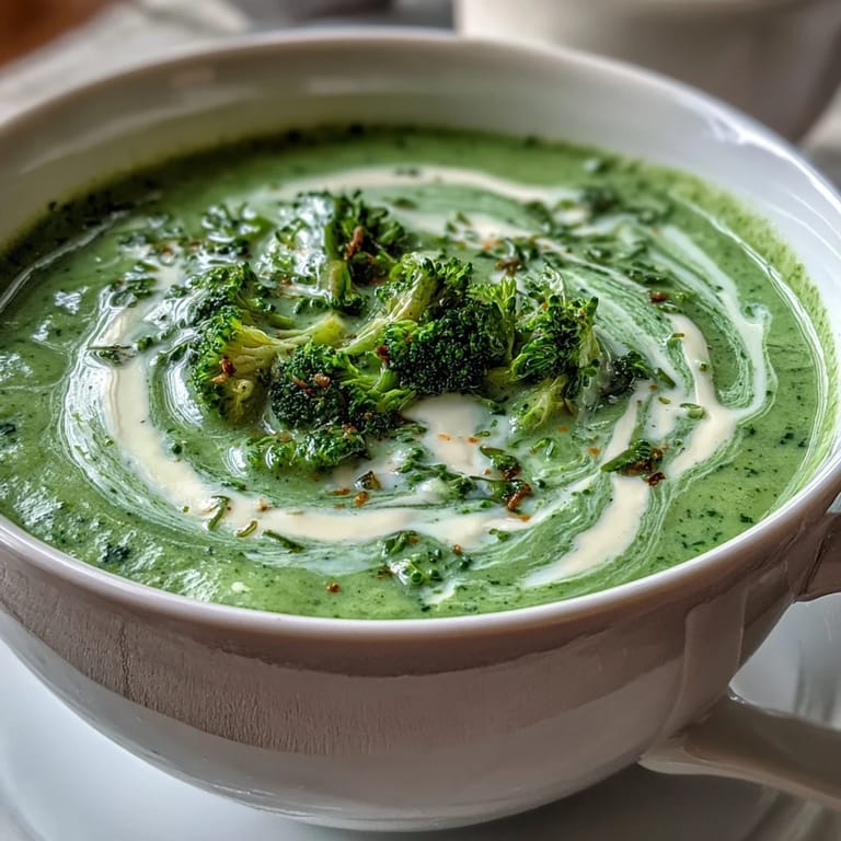 Creamy Broccoli Soup is served hot in a white ceramic bowl, garnished with crunchy croutons and a drizzle of cream.  