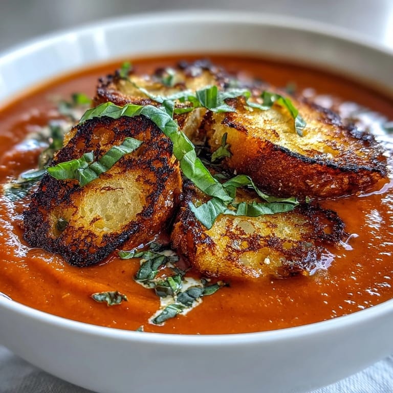 Velvety roasted tomato soup, ready to enjoy with savory crispy croutons.