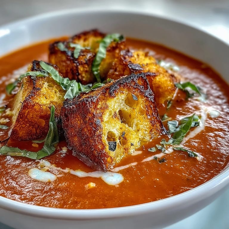 A warm bowl of roasted tomato soup, perfect with golden, flaky croutons.