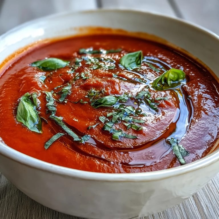 Vibrant red Tomato and Basil Soup served with crusty artisan bread for dipping.