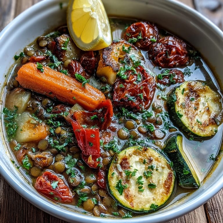 A close-up of the hearty Lentil and Vegetable Soup, featuring tender lentils and roasted veggies in a rich broth.