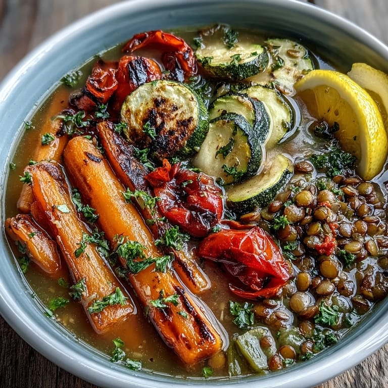 A steaming bowl of Lentil and Vegetable Soup with crusty bread on the side, ready for a comforting meal.