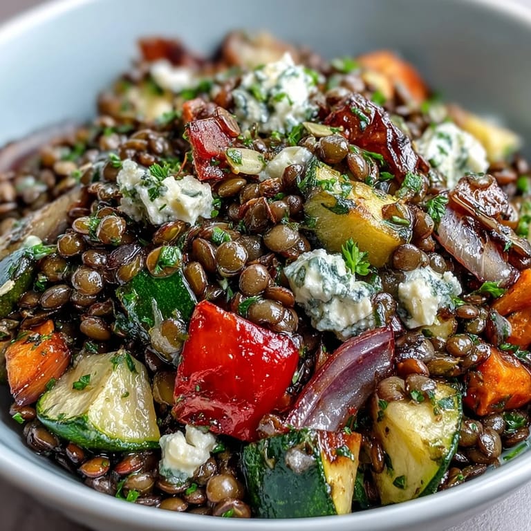 Black Lentil Salad topped with vibrant roasted red bell pepper and carrots, ready to eat.