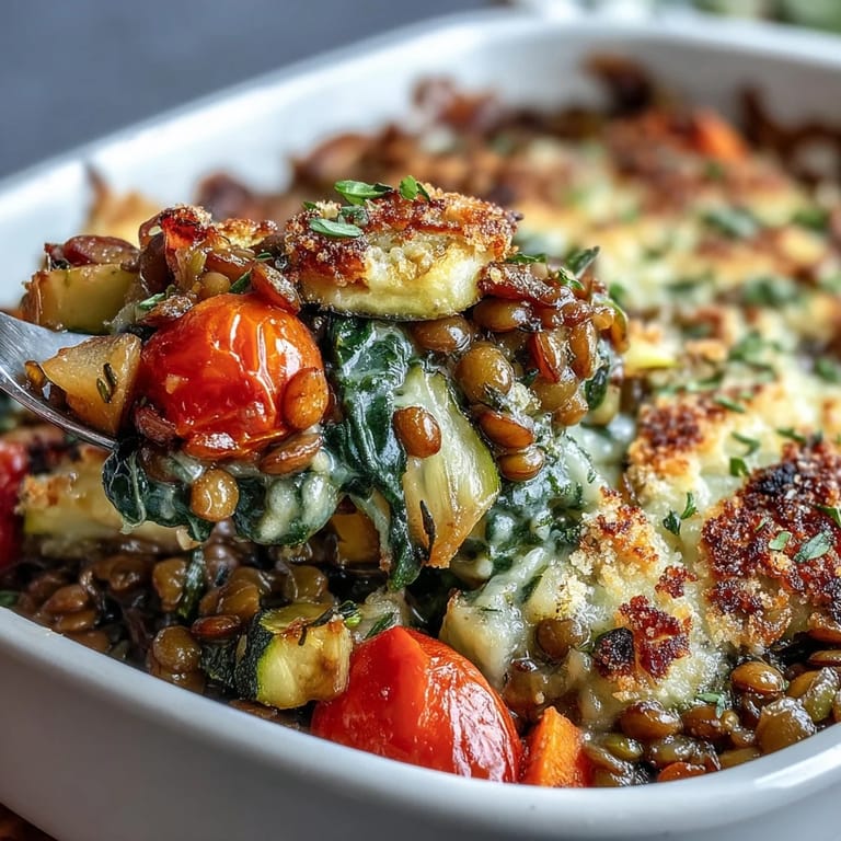 A spoon scooping a warm serving of Green Lentil and Vegetable Casserole alongside a fresh green salad and crusty bread.