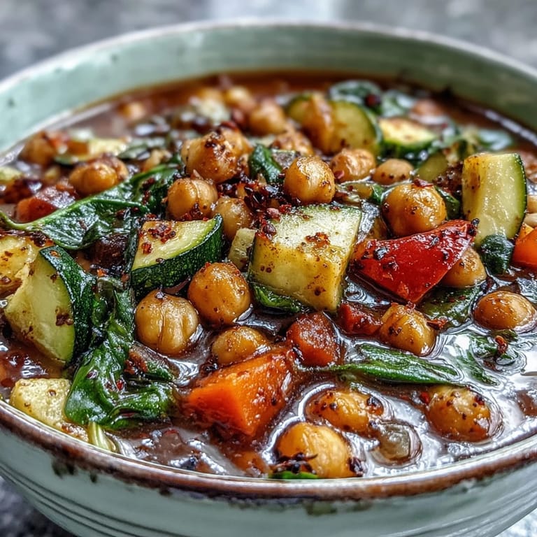 Hearty bowl of Chickpea Stew with tender chickpeas and carrots, served alongside crusty bread perfect for dipping into the savory tomato broth.