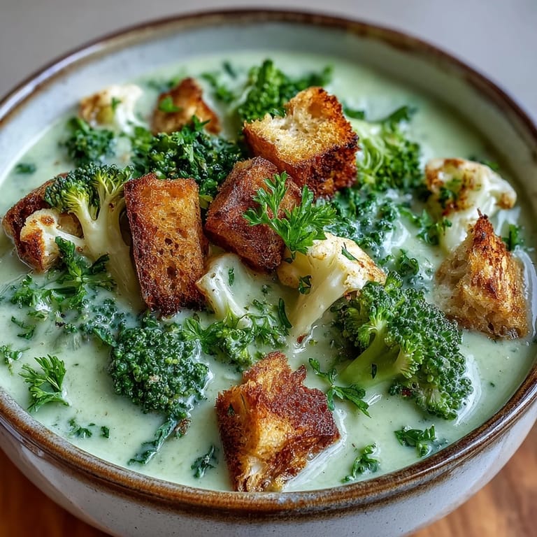 Steamy bowl of cauliflower and broccoli soup with vibrant green florets and aromatic herbs, ready to enjoy.
