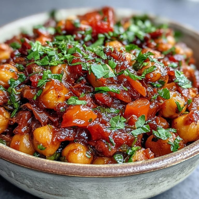 Spicy Chickpea Stew simmering in a pot, with tender chickpeas and vibrant vegetables in a rich tomato broth.