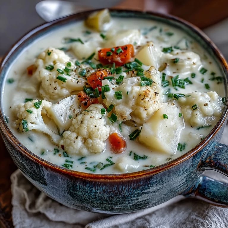 A ladle pours the chunky Vegetarian Cauliflower Chowder, revealing tender potatoes and carrots in a rich broth.