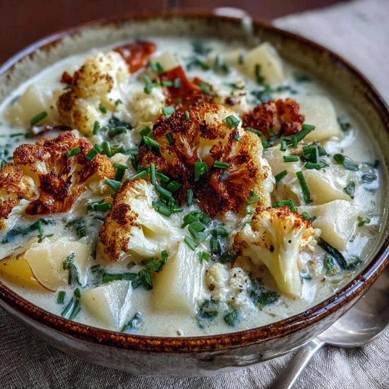 Steaming bowl of Vegetarian Cauliflower Chowder garnished with parsley, placed on a wooden table with crusty bread.