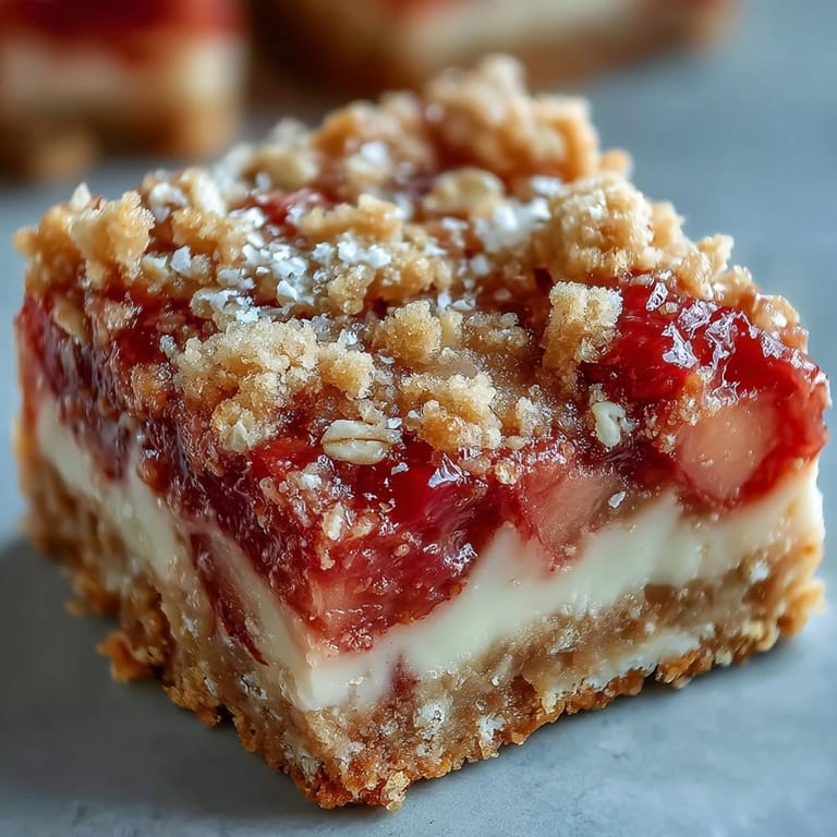 Rustic Rhubarb and Custard Crumble Bars on a plate, dusted with powdered sugar and perfect for afternoon tea.