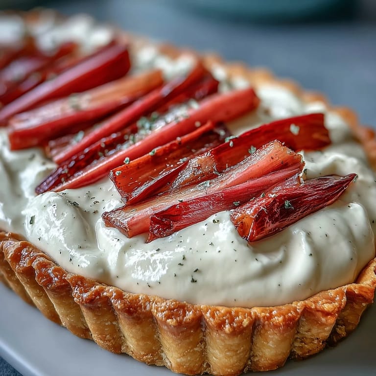 A slice of the Rhubarb, White Chocolate, and Elderflower Tart reveals silky custard and tangy fruit, perfect for a spring celebration.  