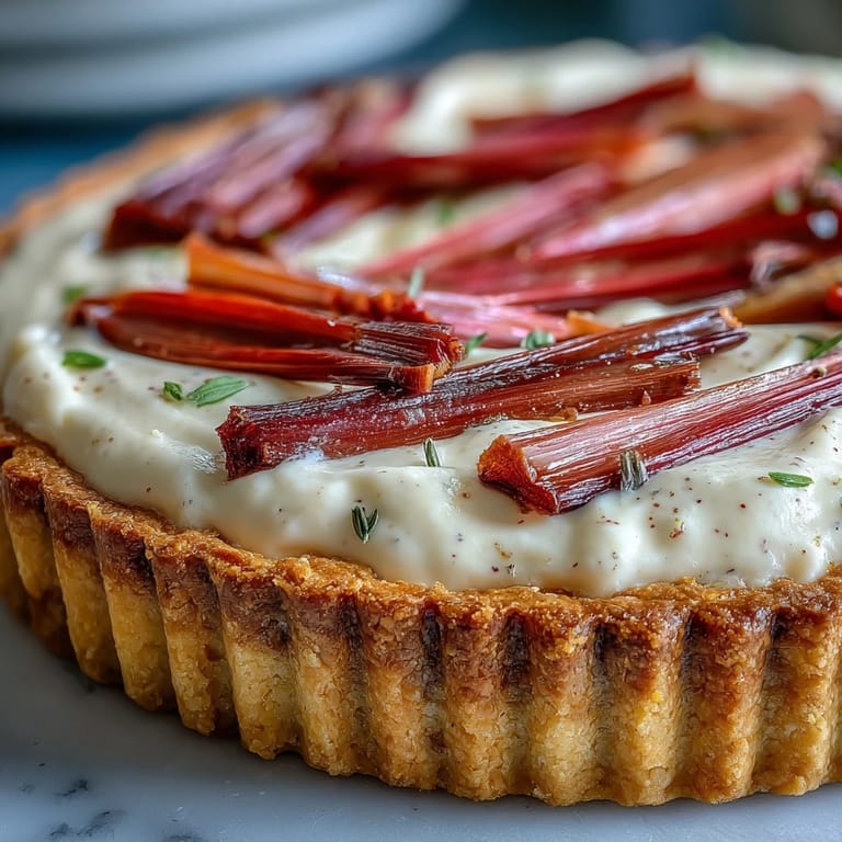 Close-up of the elegant tart, showcasing the vibrant pink rhubarb contrasting with smooth white chocolate filling and a dusting of powdered sugar.