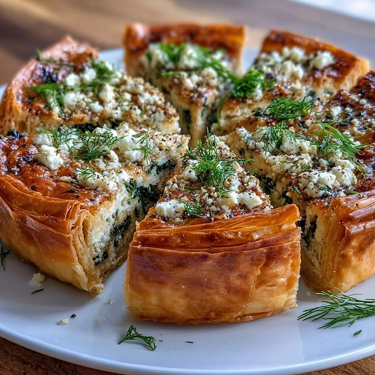 A close-up of a slice of Feta and Kale Börek, highlighting the creamy feta and wilted kale mixture inside the crisp crust.
