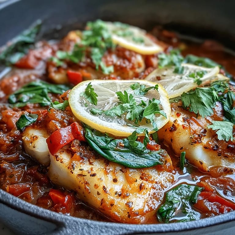 Colorful Spiced Cod One Pot simmering in a Dutch oven, with golden lemon slices, diced tomatoes, and herbs like cilantro garnishing the aromatic Mediterranean stew.