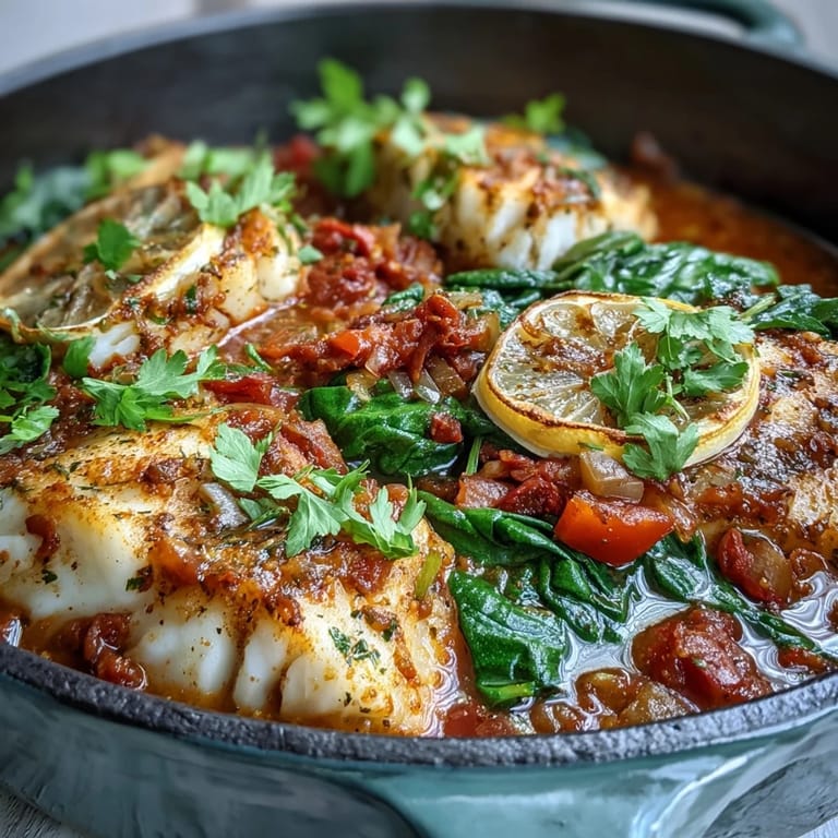 Serving suggestion for Spiced Cod One Pot: a hearty bowl of fish and vegetables in a savory broth, perfect for a healthy, gluten-free dinner with crusty bread.