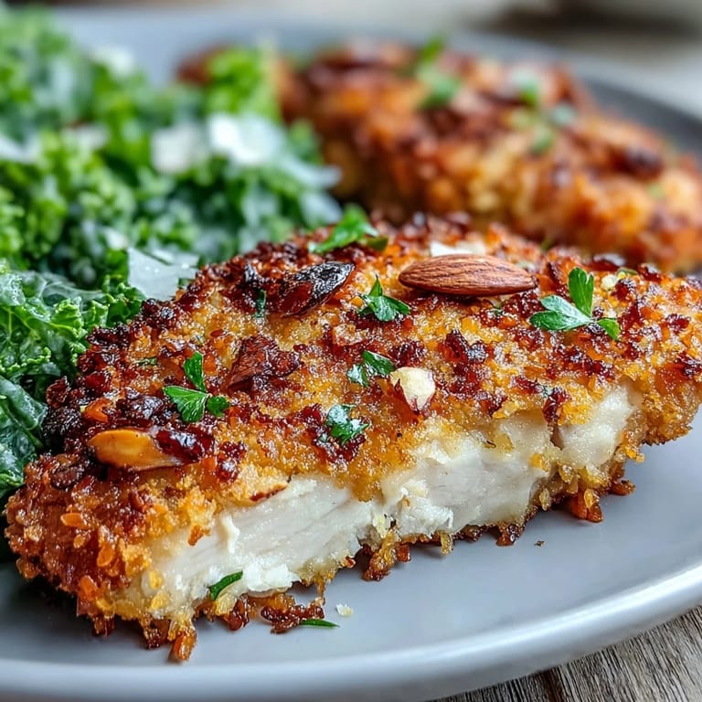 Hearty almond-crusted chicken with fresh kale salad, perfect for a wholesome weeknight dinner.