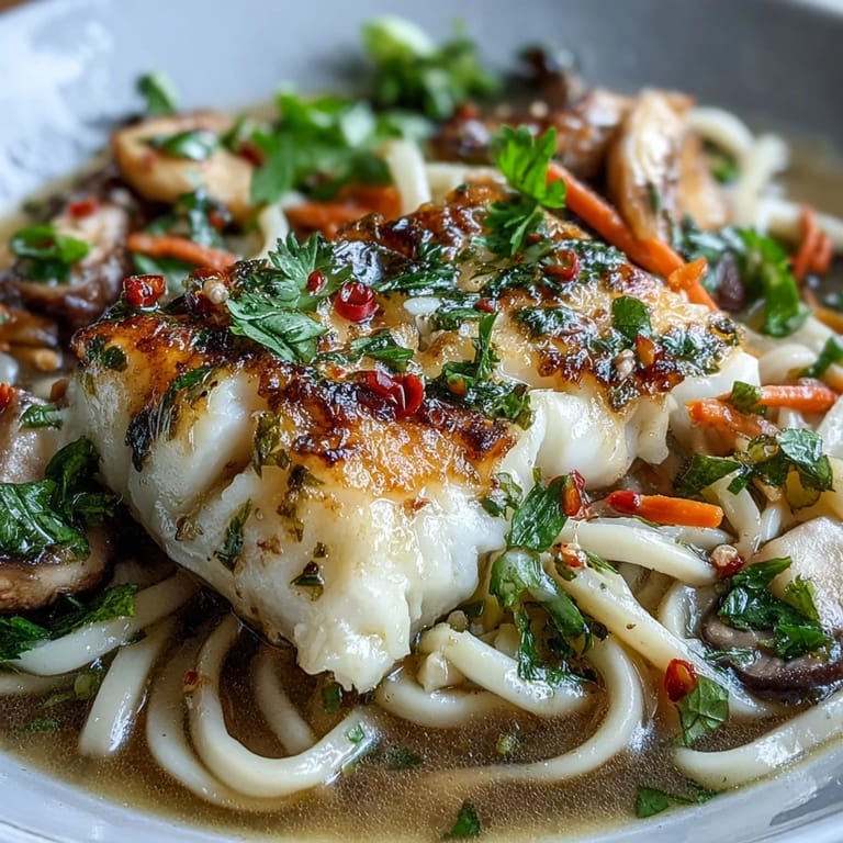 A close-up of a nourishing bowl of Poached Cod With Spiced Coconut Broth and Udon Noodles, garnished with fresh herbs.