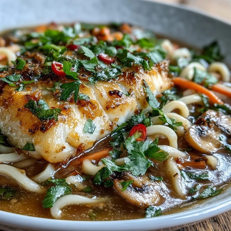 Steaming Poached Cod With Spiced Coconut Broth and Udon Noodles, featuring julienned carrots and shiitake mushrooms in a creamy broth.