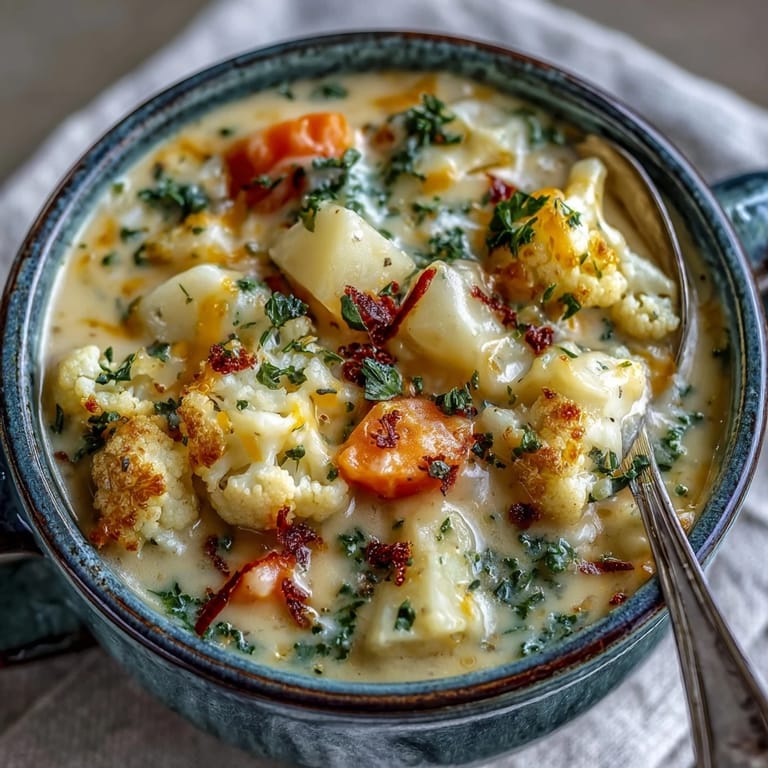 Hearty bowl of vegetarian cauliflower chowder, smooth texture with melted cheddar and a warm, comforting aroma.  