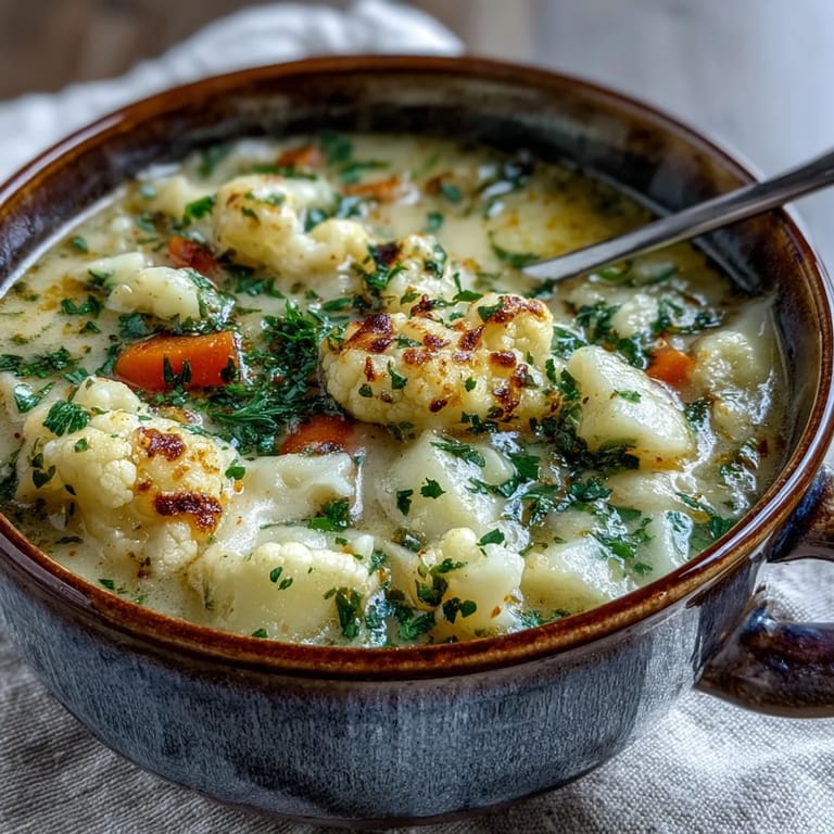 Vegetarian cauliflower chowder simmering in a pot, colorful vegetables and steam rising for a cozy meal.