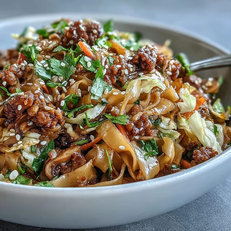 Overhead view of steaming Potsticker Noodle Bowls with sautéed pork, crisp veggies, and fresh herbs, served in ceramic bowls ready for a family dinner.