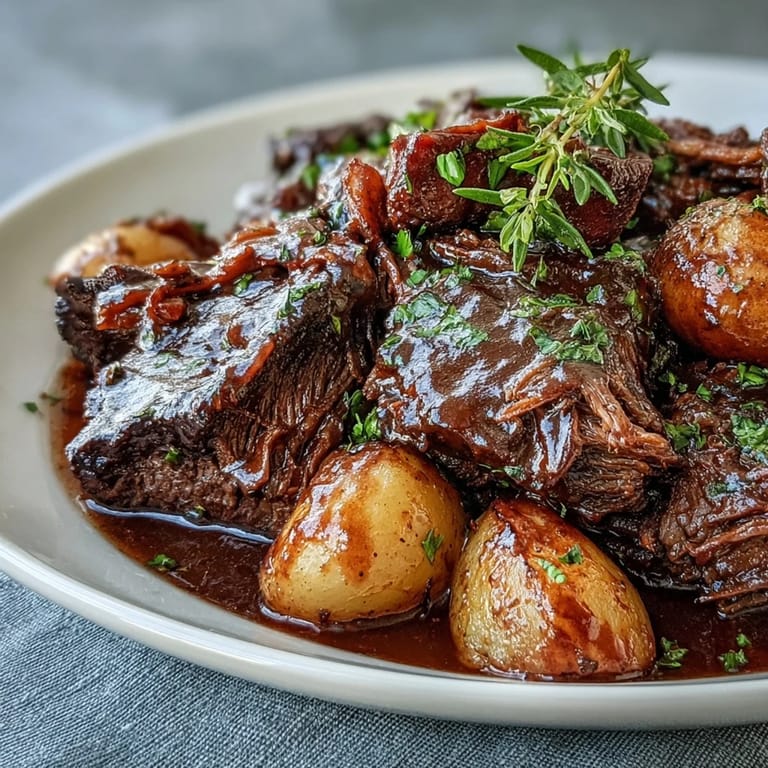 Savory beef pot roast served on a platter with celery, herbs, and ladle of sauce.
