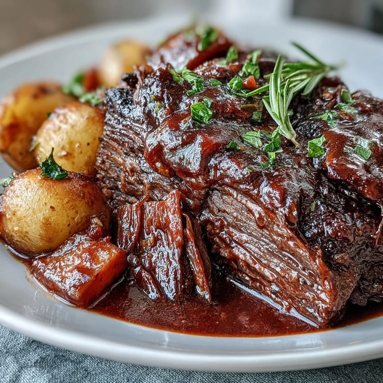 Juicy shredded beef pot roast surrounded by glazed vegetables and parsley garnish on rustic table.