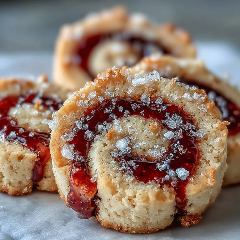 Close-up of Raspberry Swirl Shortbread Cookies showing tangy raspberry swirls, crumbly texture, and a melt-in-your-mouth finish.