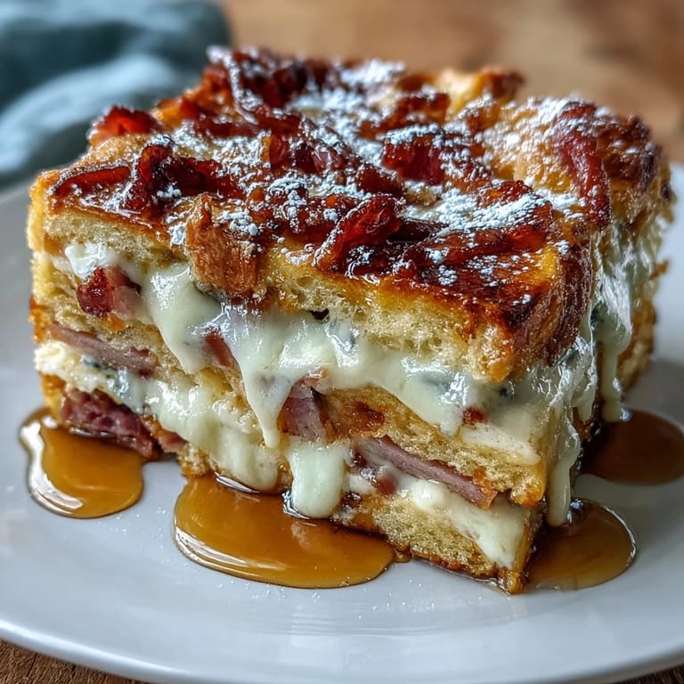 Slices of the Monte Cristo Breakfast Casserole reveal savory ham, turkey, and melted Swiss cheese.