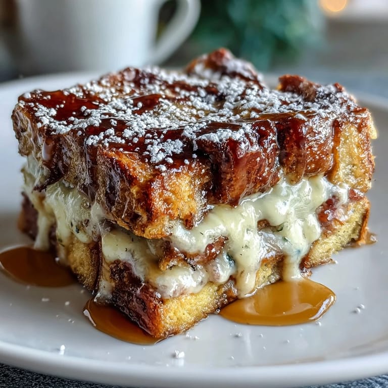 Homemade Monte Cristo Breakfast Casserole served warm on a plate with a maple syrup drizzle.