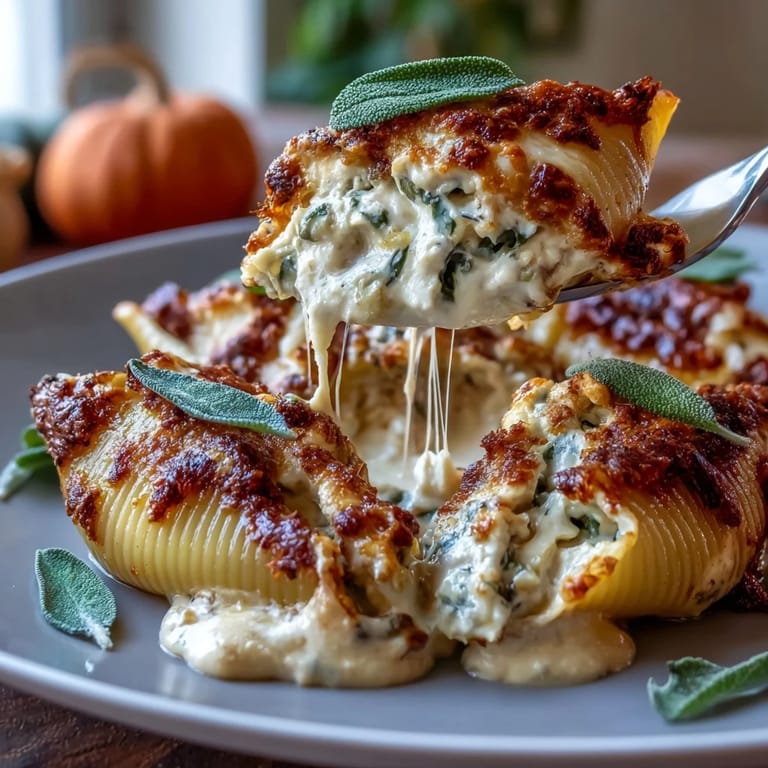 Cozy Italian-American dinner plate featuring Pumpkin & Gouda Stuffed Shells alongside fresh bread and a green salad.