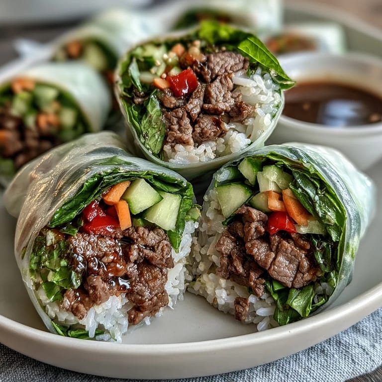 Colorful Thai Basil Beef Rolls featuring seasoned beef, Thai basil, and crunchy carrots wrapped in translucent rice paper.