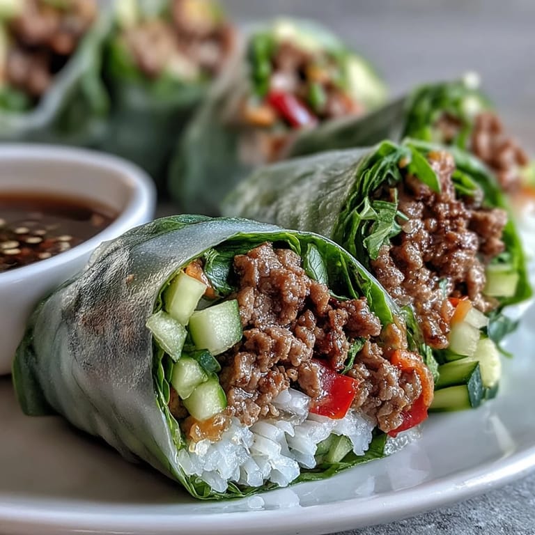 Sliced Thai Basil Beef Rolls arranged on a plate with a spicy dipping sauce and fresh lime wedges.