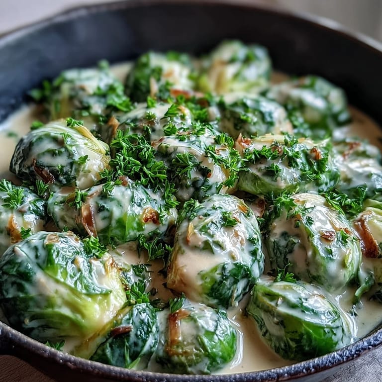 Sautéed Brussels sprouts in a rich cream cheese-mustard sauce with sautéed onions and garlic, perfect for a cozy weeknight vegetarian meal.
