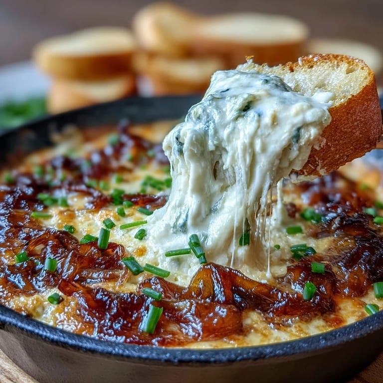 Creamy, cheesy Smoked Gouda & Onion Dip with caramelized onions in a baking dish.