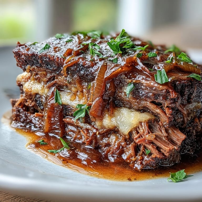 Gooey Gruyere melts over tender shredded beef from the Savory Crock Pot French Onion Pot Roast.