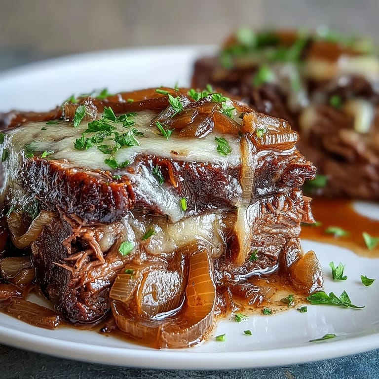 Slow cooker Savory Crock Pot French Onion Pot Roast topped with fresh parsley and thyme.