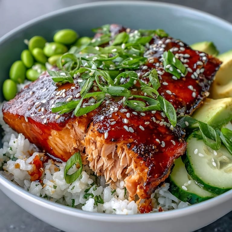 Edamame, cucumber, and avocado add fresh, crunchy contrast to this vibrant Honey Sriracha Salmon Bowl.