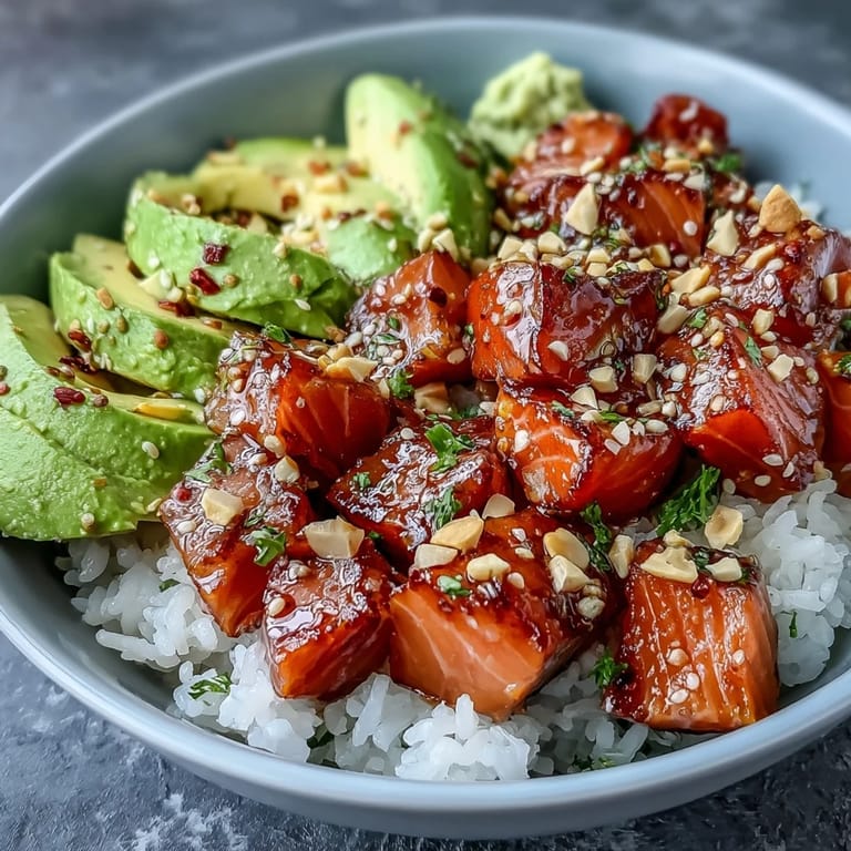 A vibrant Avocado Salmon Bowl with seasoned rice, avocado, salmon, wasabi, peanuts, and sesame seeds, garnished with cilantro and lime wedges for serving.