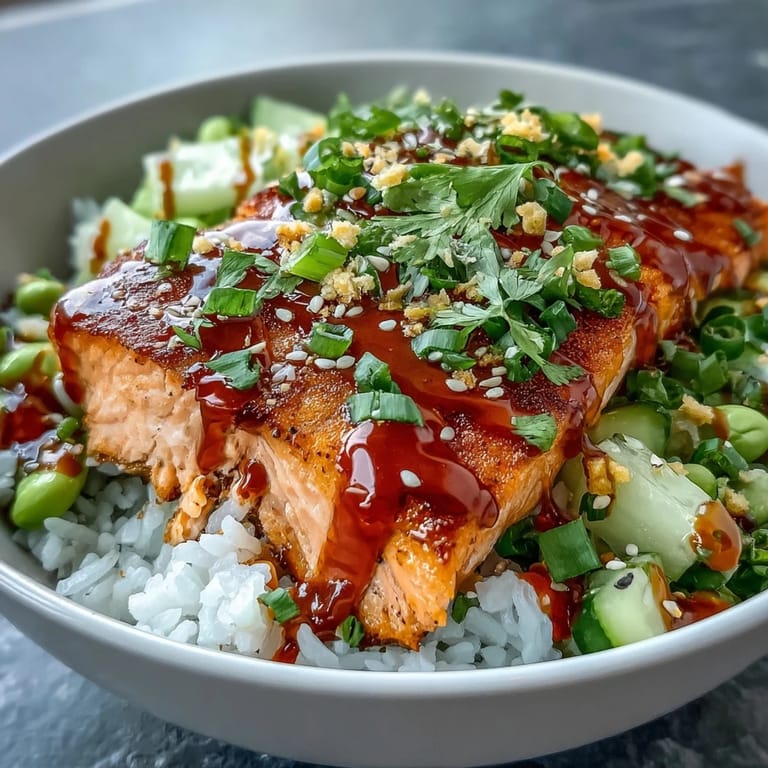 A close-up view of a Bang Bang Salmon Bowl, highlighting the golden-brown salmon fillet and fresh, crunchy vegetable toppings.