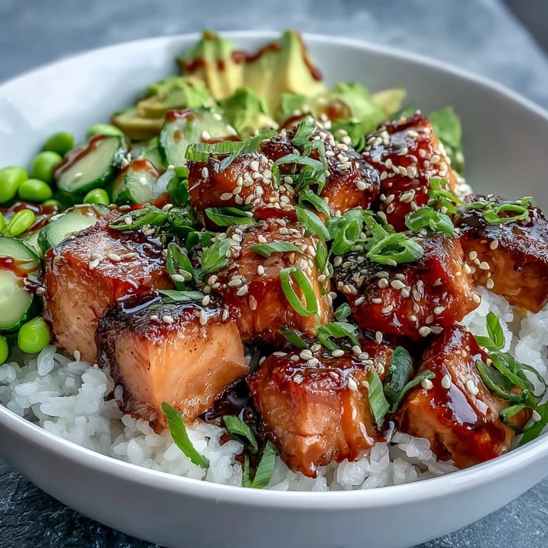 Overhead view of Salmon Rice Bowl, featuring marinated salmon, crisp veggies, and jasmine rice, perfect for quick weeknight dinner inspiration.