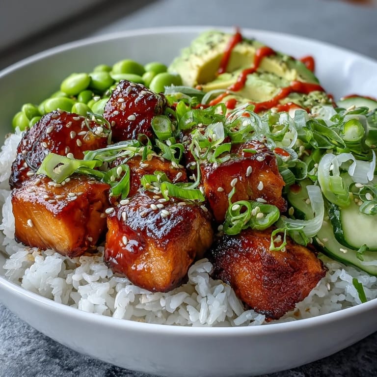 A close-up of Salmon Rice Bowl with spicy sriracha mayo drizzle, sesame seeds, and green onions, served fresh for a nutritious meal.