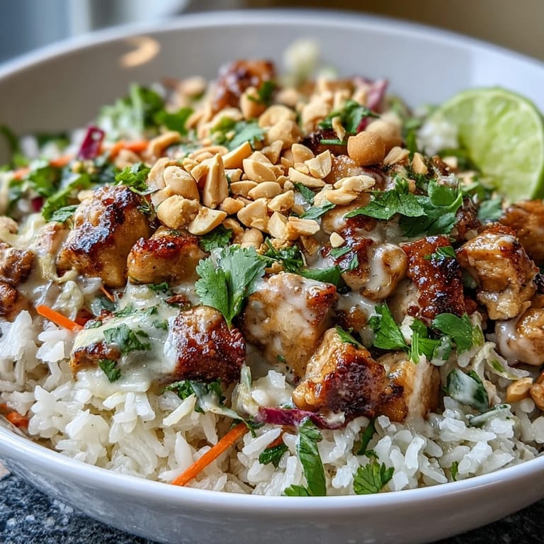 This vibrant Peanut Chicken Protein Bowl features golden sautéed chicken, colorful vegetables, and a creamy Thai-inspired peanut sauce, perfect for a healthy meal prep lunch.