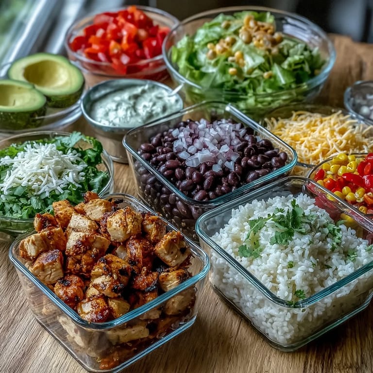 Vibrant Meal Prep Burrito Bowl Base in containers, featuring beans, corn, and optional toppings like salsa and cheese.  