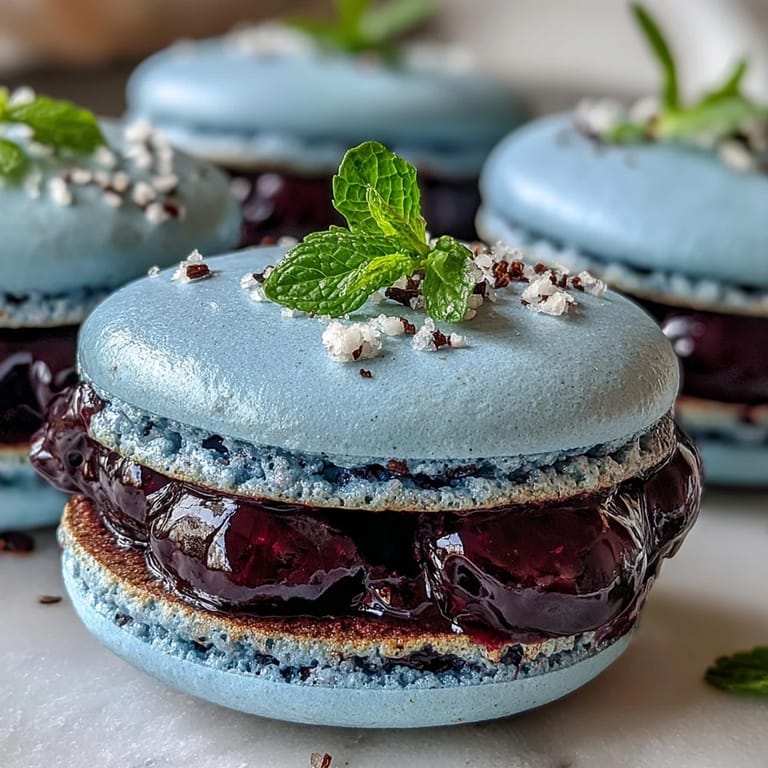 Delicate French Black Currant Macarons sandwiched with rich purple ganache, displayed beside fresh blackcurrants on a rustic wood table.