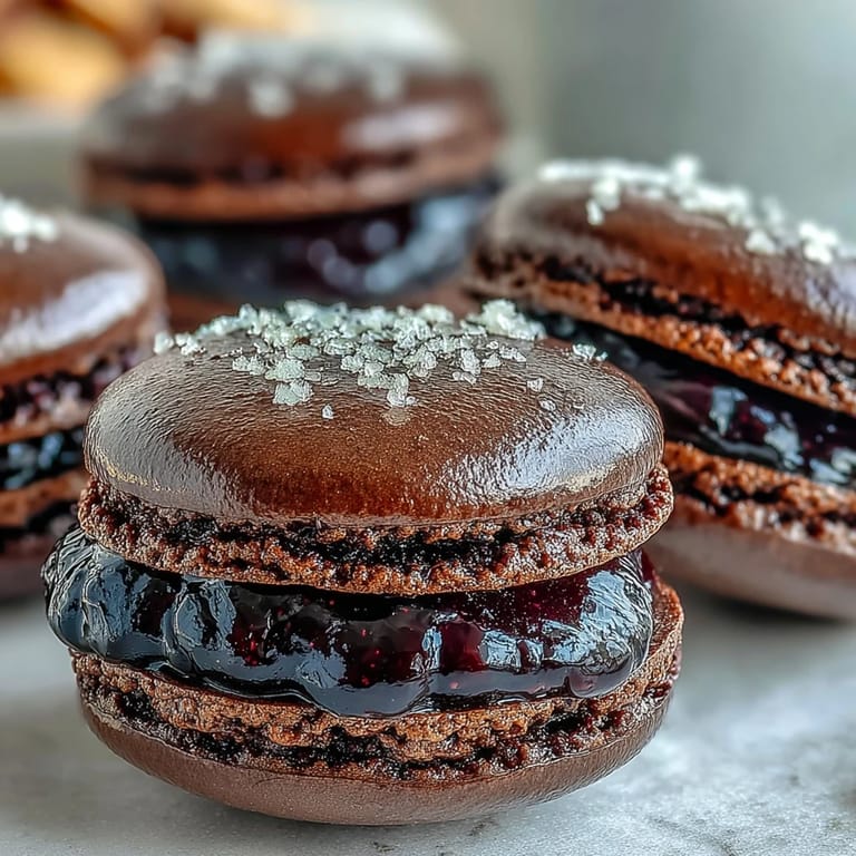 Elegant Black Currant Macarons arranged on a tiered dessert stand, perfect for an afternoon tea party or special celebration.