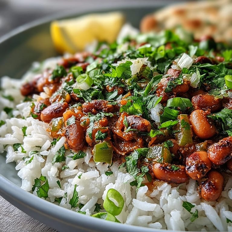 Warm Southern Hoppin John recipe featuring black-eyed peas and vegetables, ready to serve with lemon wedges.