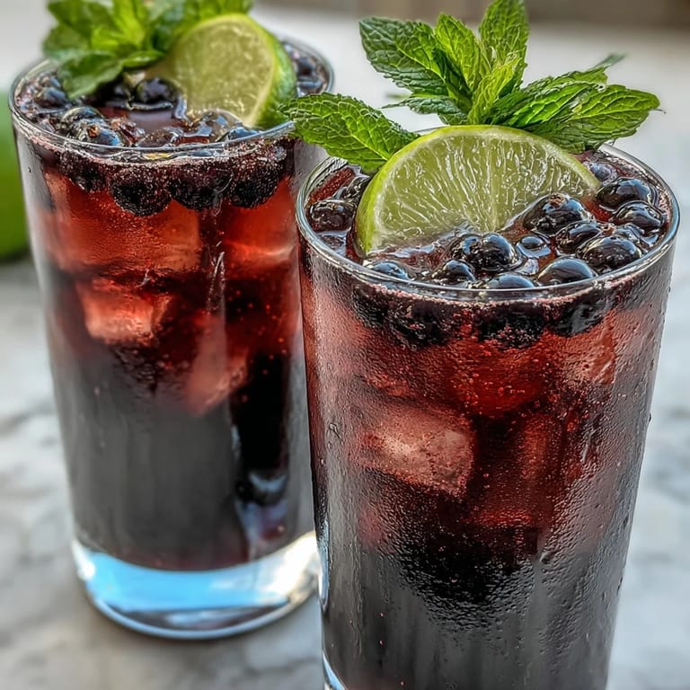 Black Currant Mocktail poured over ice, showing a deep berry hue and sparkling bubbles rising to the top.
