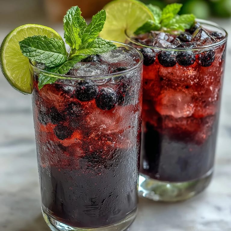Close-up of a Black Currant Mocktail with glistening condensation on the glass and aromatic mint and lime garnish.