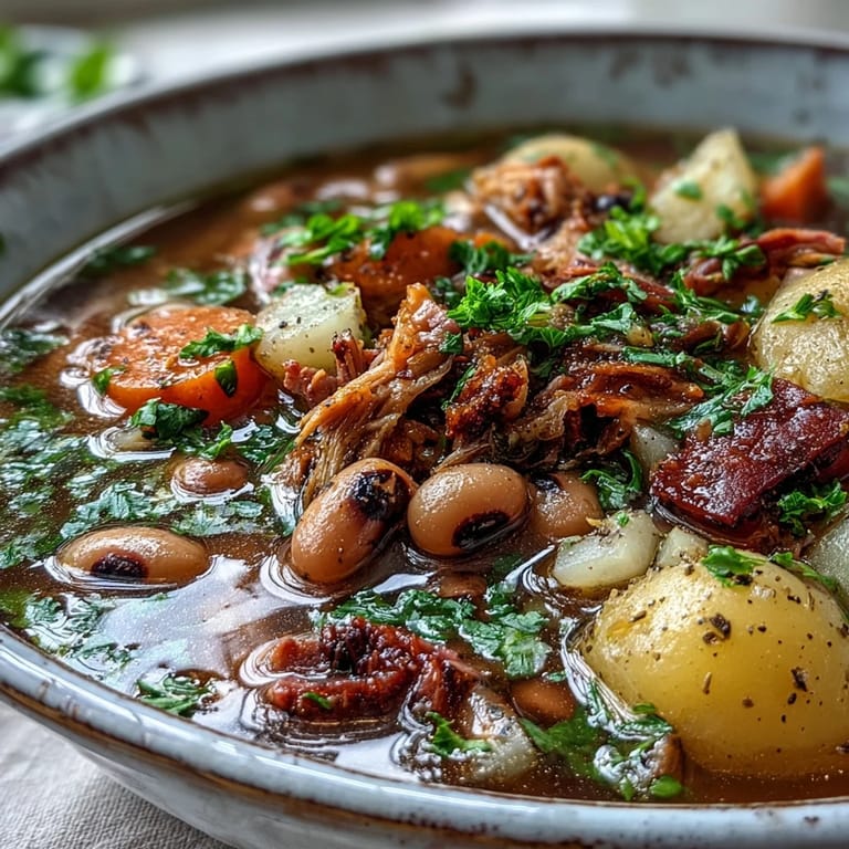 Close-up of Black-Eyed Pea Stew with Smoked Ham Hocks garnished with fresh parsley and shredded meat.